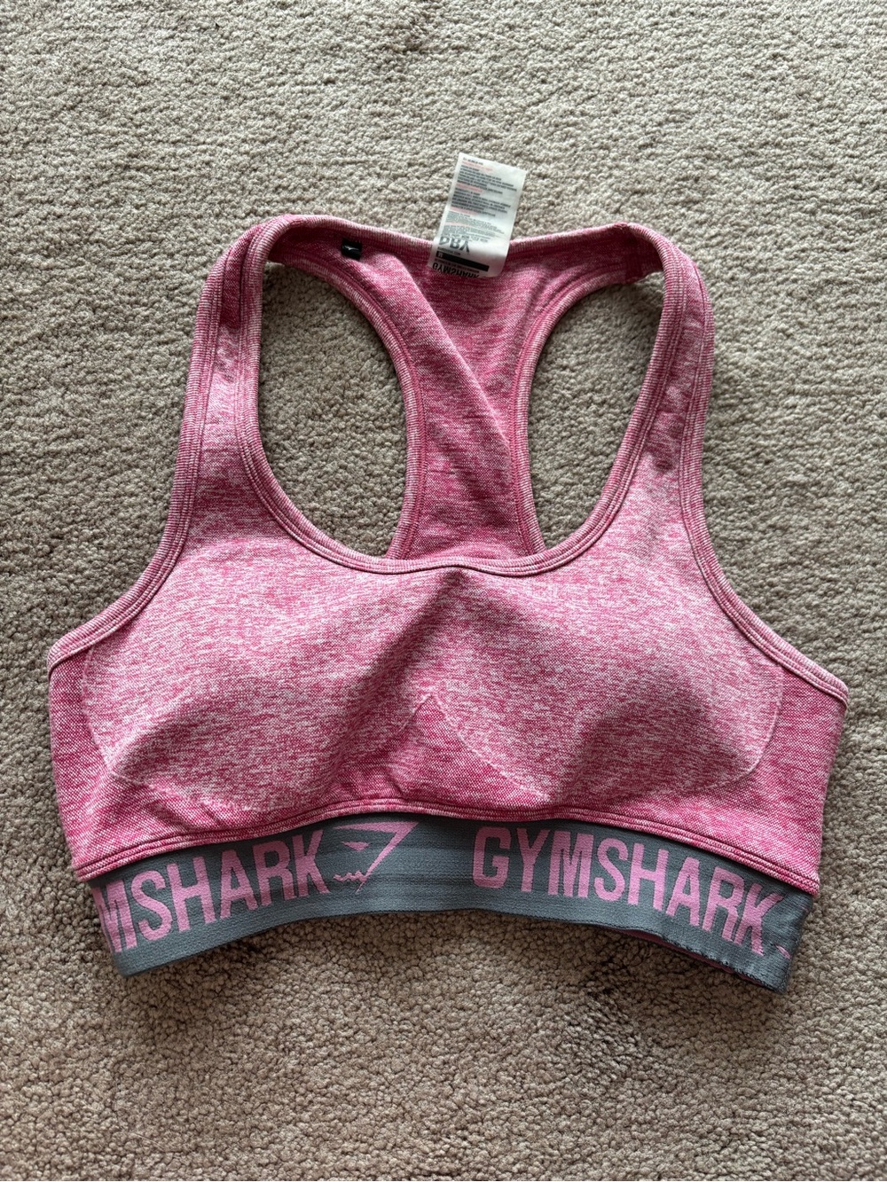 Gymshark Heather Pink Racerback Sports Bra  Gray Logo Band with removable pads